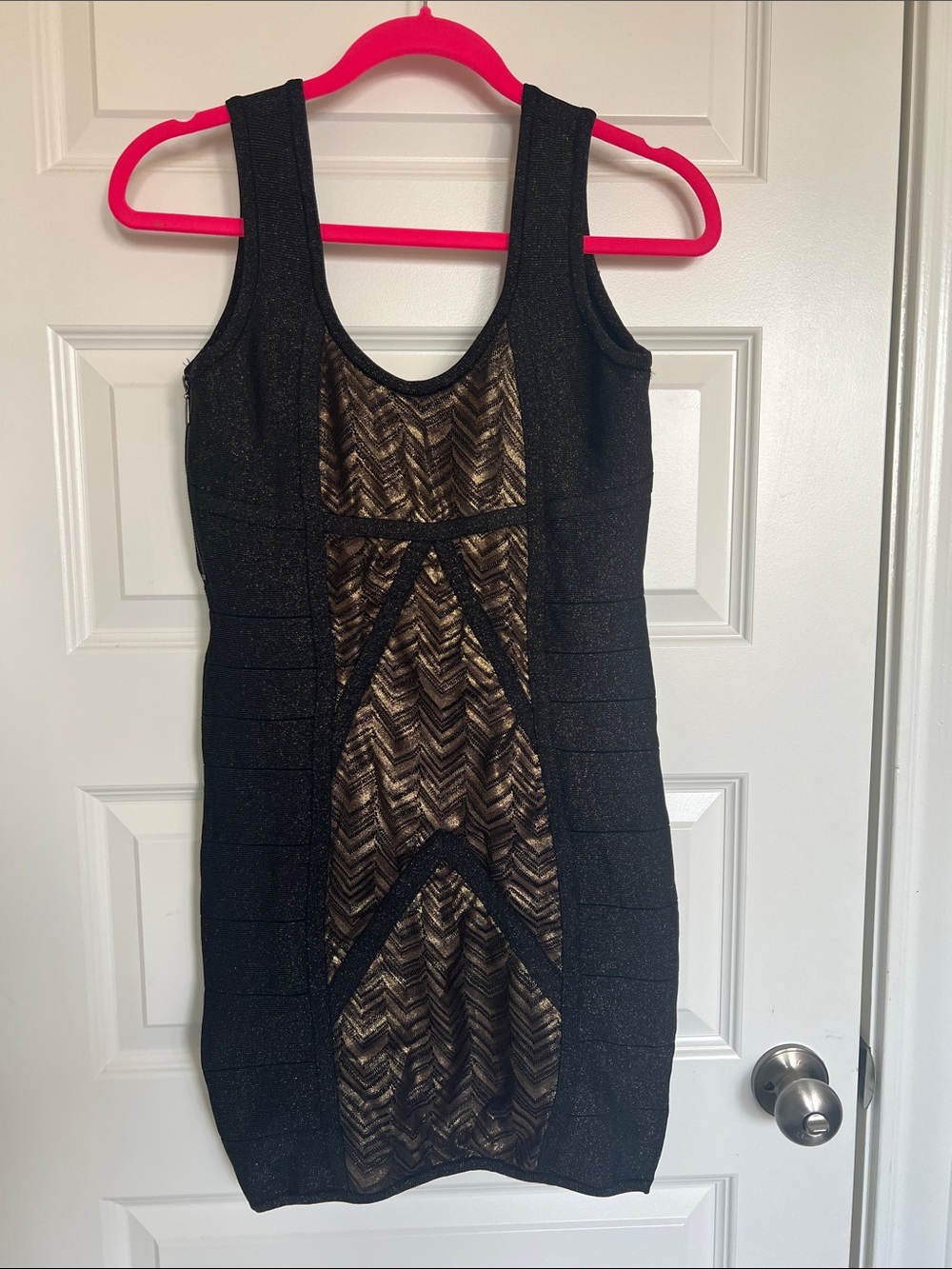 bebe Black and Gold Chevron-Panel Mini Dress